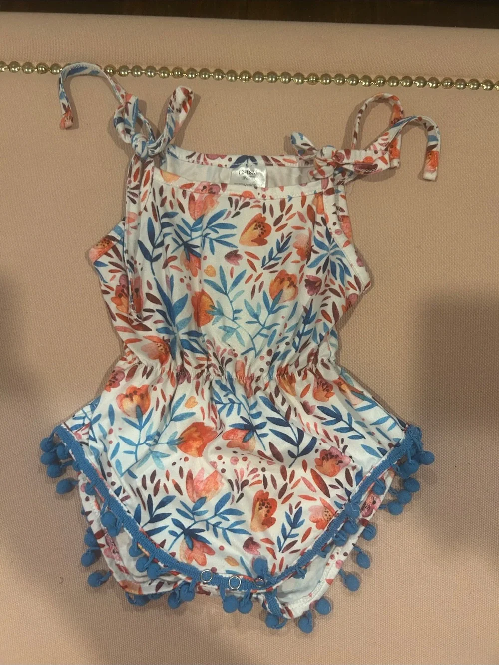 Baby Girls Floral Pom Trim Romper - White, Blue & Coral